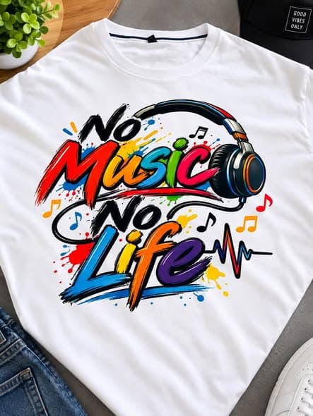 White T-shirt with a colourful music-inspired print