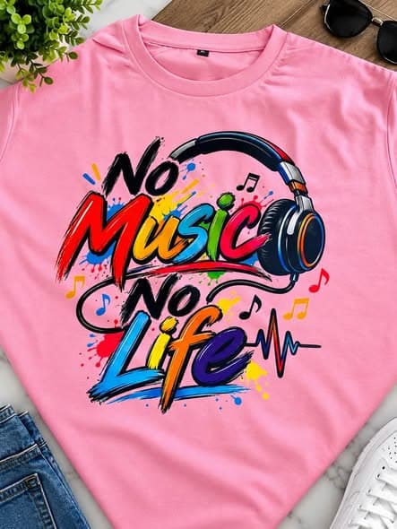 Pink T-shirt with a music-inspired graphic print